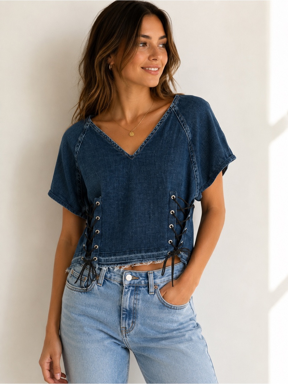 Zara Denim Lace-Up V-Neck Crop Blouse